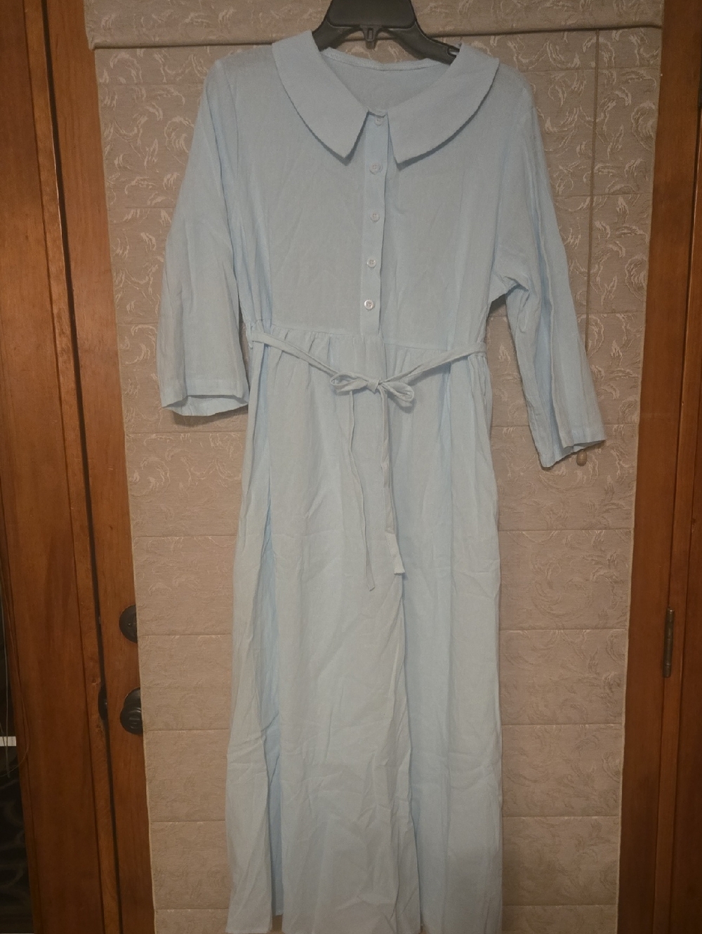 Light Blue Button-Front Maxi Dress with Tie Waist - NEW